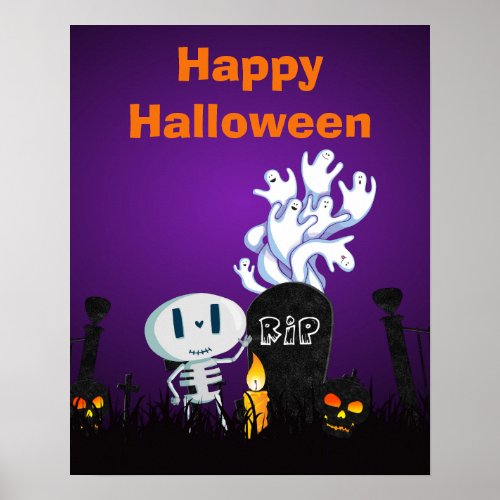 Happy Halloween Cute Ghosts  Seletons in Cemetery Poster