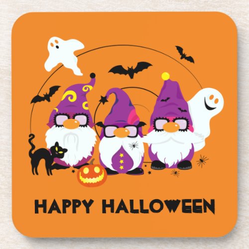 Happy Halloween Cute Gnomes and Ghosts Spooky Beverage Coaster