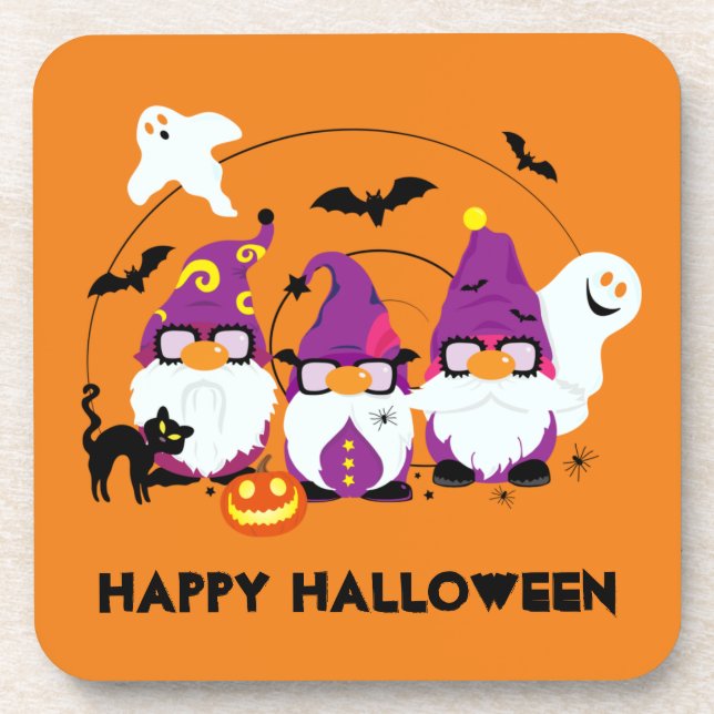 Happy Halloween Cute Gnomes and Ghosts Spooky Beverage Coaster (Front)