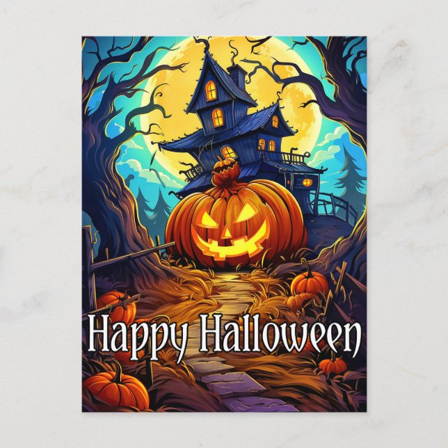 Happy Halloween | Cute Haunted House Postcard (Front)