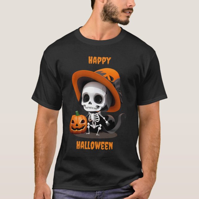 Happy Halloween Cute Kawaii Skeleton & Pumpkin T-Shirt (Front)