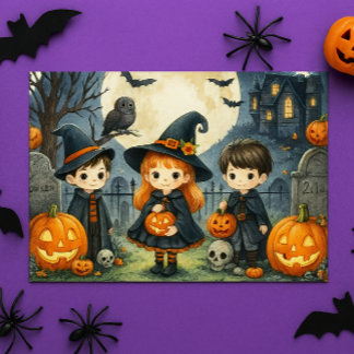 Happy Halloween Cute Kids in Costumes Holiday Postcard