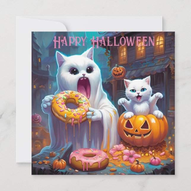 Happy Halloween -Cute Kitten and Ghost eat Donuts (Front)