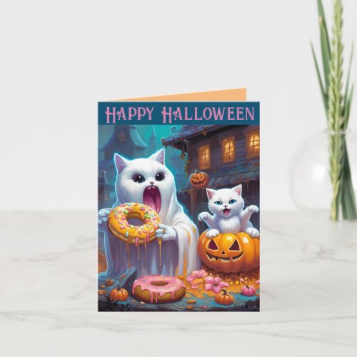 Happy Halloween _Cute Kitten and Ghost eat Donuts Note Card