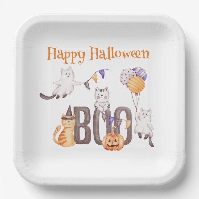 Happy Halloween |  CUTE KITTENS & BOO Paper Plates (Front)