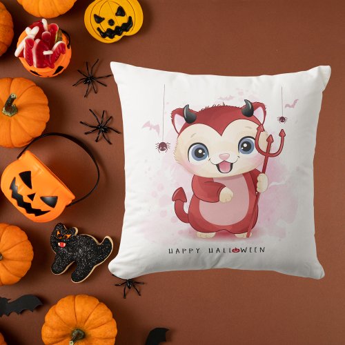 Happy Halloween Cute Kitty Devil Spider Flying Bat Throw Pillow