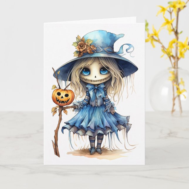 Happy Halloween | Cute Little Doll Witch Card (Yellow Flower)