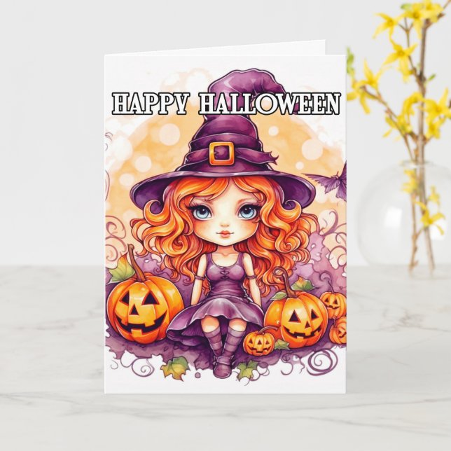 Happy Halloween | Cute Little Sassy Witch Card (Yellow Flower)