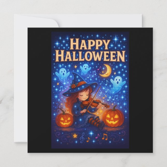 Happy Halloween Cute Musical Witch Greetings Card (Front)