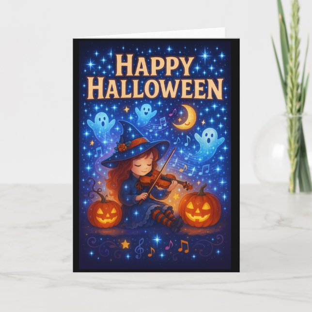 Happy Halloween Cute Musical Witch Greetings Card (Front)