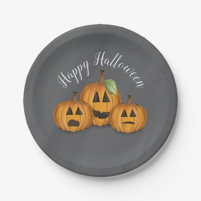 Happy Halloween Cute Pumpkin Jack O Lanterns Paper Plates (Front)