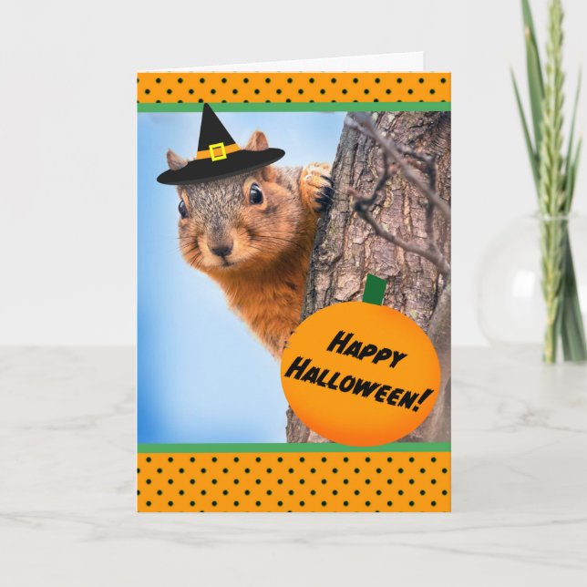 Happy Halloween Cute Squirrel in Witch's Hat Holiday Card (Front)