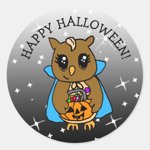 Happy Halloween Cute Whimsical Owl with Candy Classic Round Sticker