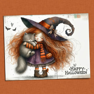 Happy Halloween - Cute Witch Girl and Black Cat Postcard