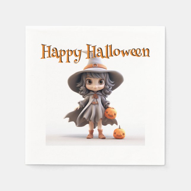 Happy Halloween CUTE WITCH in GREY HAT & DRESS Napkins (Front)
