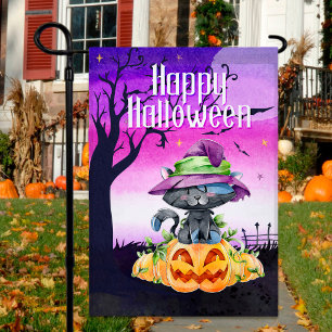 Happy Halloween Cute Witch Kitty Garden Flag