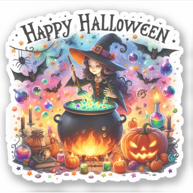 Happy Halloween - Cute Witch, Magic and bats Sticker (Front)
