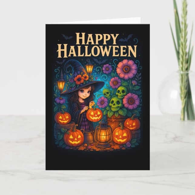 Happy Halloween Cute Witch Pumpkin Greetings Card (Front)
