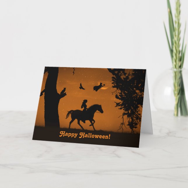 Happy Halloween Cute with Girl and Horse Witch  Card (Front)