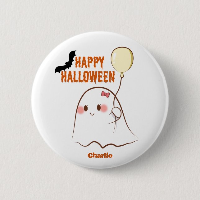 Happy Halloween Cutie Ghost Holding A Balloon Name Button (Front)