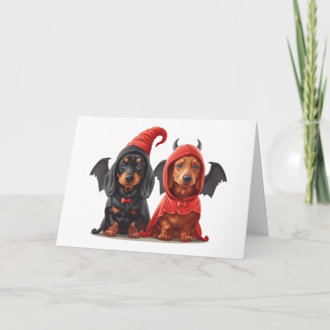 Happy Halloween Dachshund Dogs Devil Bat Card (Front)