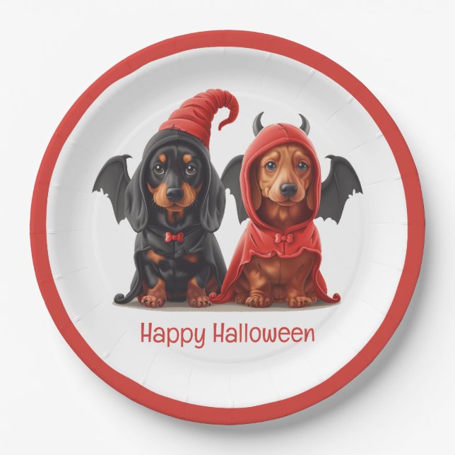 Happy Halloween Dachshund Dogs Devil Bat Paper Plates (Front)