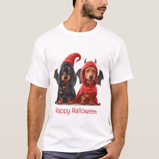 Happy Halloween Dachshund Dogs Devil Bat T-Shirt (Front)