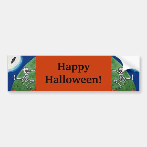 Happy Halloween Dancing silly Skeletons Moon Bats Bumper Sticker