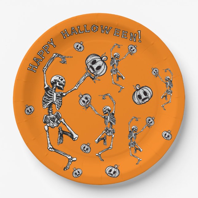 Happy Halloween Dancing Skeleton Danse Macabre Paper Plates (Front)