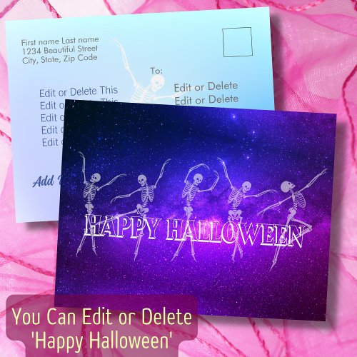 Happy Halloween dancing skeleton neon dance party Postcard