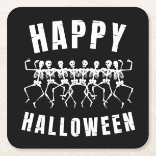 HAPPY HALLOWEEN DANCING SKELETONS SQUARE PAPER COASTER