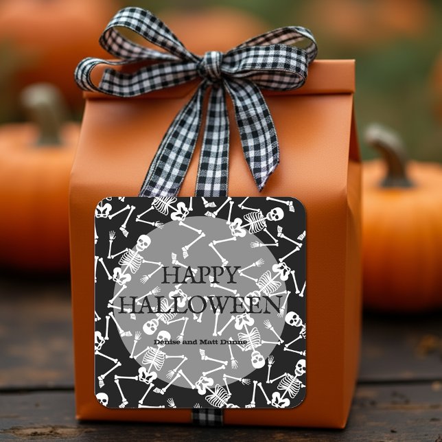 Happy Halloween Dancing Skeletons Square Sticker (Skeletons on black personalized square stickers feature the wording BONE APPÉTIT)