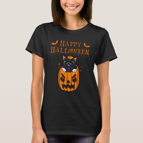 Happy Halloween design cat in pumpkin Jack OLater T_Shirt