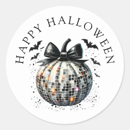 Happy Halloween Disco Ball Pumpkin Black Bow Classic Round Sticker