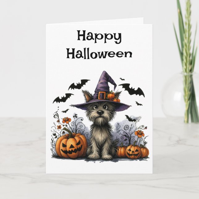 Happy Halloween Dog in a Witch Hat  Card (Front)
