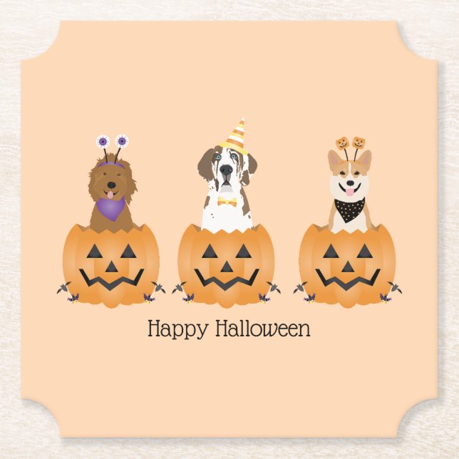 Happy Halloween Dogs In Pumpkins Paper Coaster (Front)