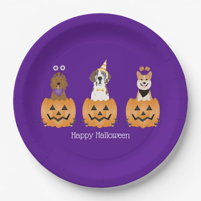 Happy Halloween Dogs In Pumpkins Paper Plates (Front)