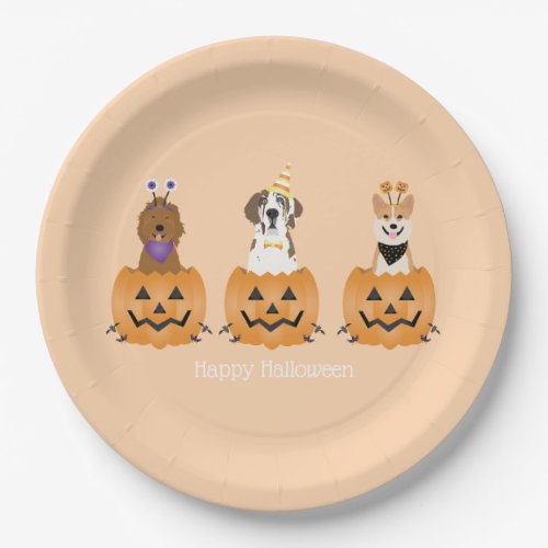 Happy Halloween Dogs In Pumpkins Paper Plates