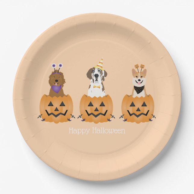 Happy Halloween Dogs In Pumpkins Paper Plates (Front)