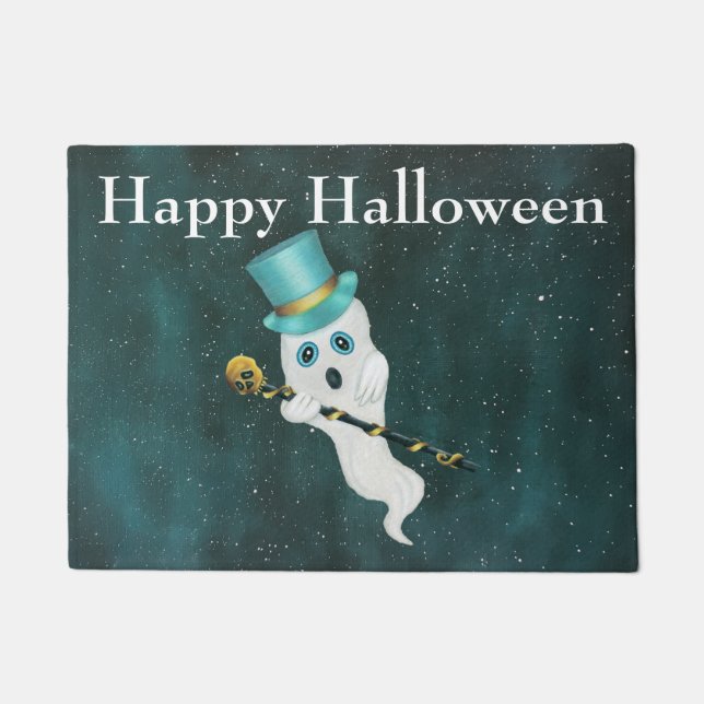 Happy Halloween Dressed up Ghost Top Hat Cane Doormat (Front)