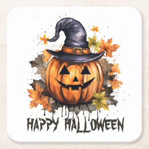 Happy Halloween Evil Grinning Pumpkin Art Square Paper Coaster