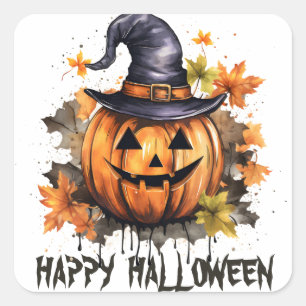 Happy Halloween Evil Grinning Pumpkin Art Square Sticker