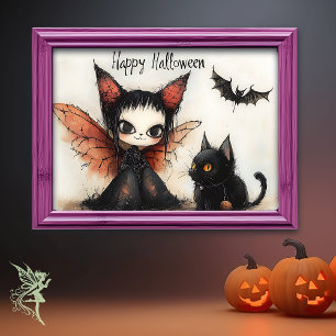 Happy Halloween Fairy & Cat   Cute Spooky Wall Art
