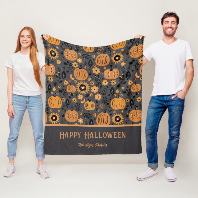 Happy Halloween Fall Pumpkin Family Name Fleece Blanket (In Situ)