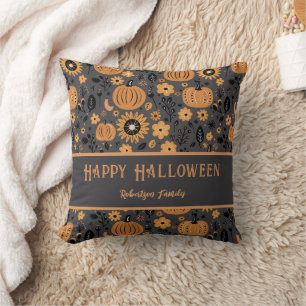 Happy Halloween Fall Pumpkin Family Name Throw Pillow