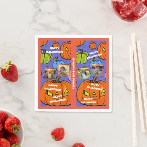 Happy halloween family photo collage monogrammed napkins