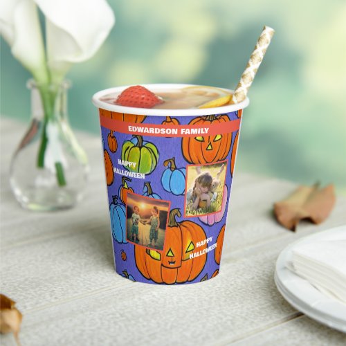 Happy halloween family photo collage monogrammed paper cups