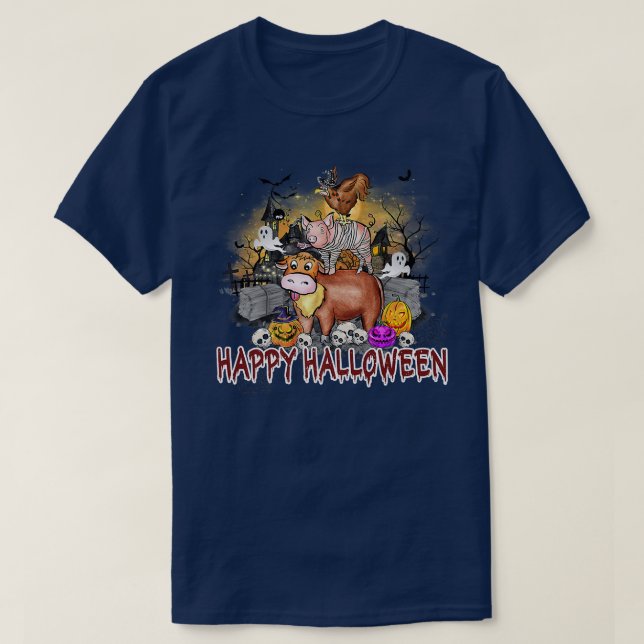 Happy Halloween Farm Animals Haunted House JackOLa T-Shirt (Design Front)