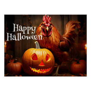 Happy Halloween Farm Chicken Rooster Pumpkin Patch Poster