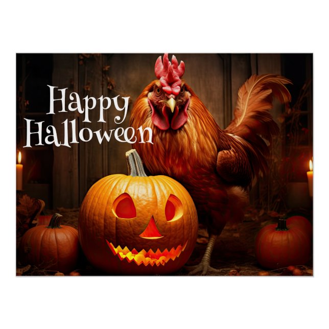 Happy Halloween Farm Chicken Rooster Pumpkin Patch Poster (Front)